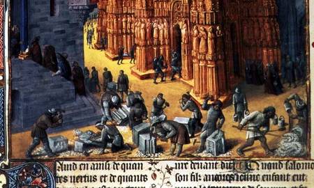 Fr 847 f.153 The Building of the Temple of Jerusalem, detail showing masons at work de Jean Fouquet