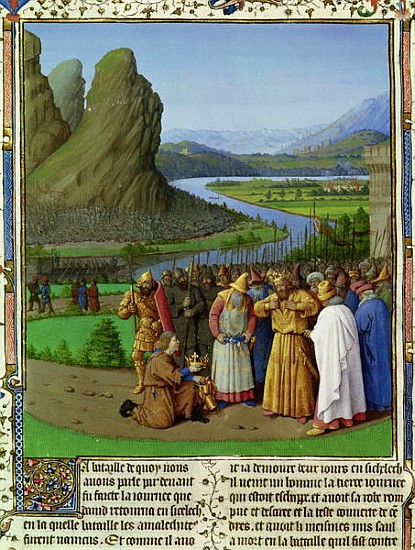 Ms Fr 247 fol.135 David Learning of the Death of Saul, illustration from ''Antiquites Judaiques'', c de Jean Fouquet
