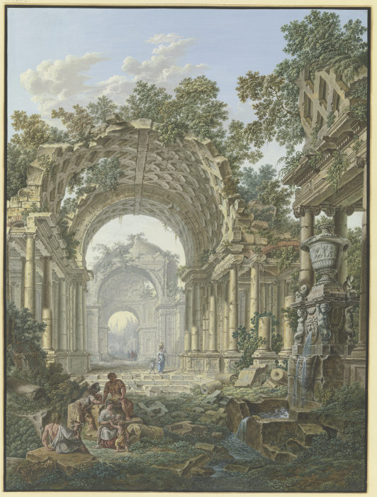 Römische Ruinen, rechts ein Brunnen, mit Staffage de Jean François Gout