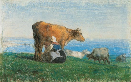 A normanische woman milks cows de Jean-François Millet
