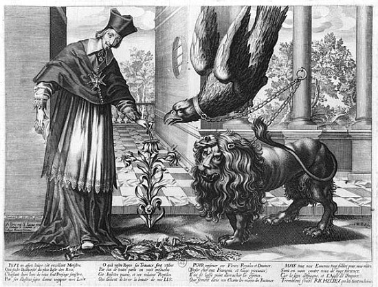 Allegory in praise of Cardinal Richelieu (1585-1642) fighting against Austria (the eagle) Spain (the de Jean Ganiere or Gagniere