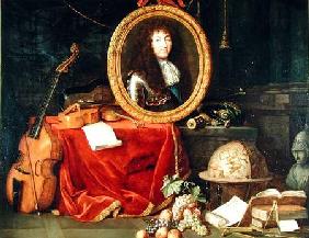 Still life with portrait of King Louis XIV (1638-1715) surrounded by musical instruments, flowers an