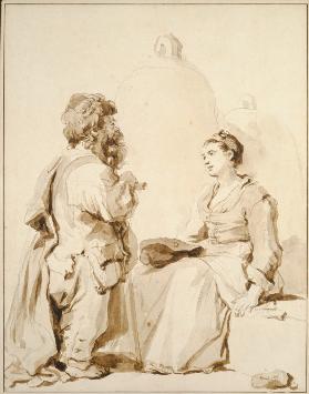 Ein Zwerg und eine junge Frau im Gespräch