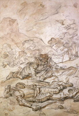 The Sad Situation of Don Quixote and Sancho Panza, Ill-Treated by the Galley Slaves (black chalk & b de Jean Honoré Fragonard