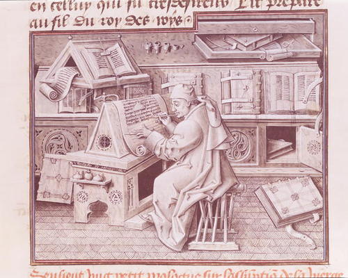 Ms 9198 f.19 The copyist Jean Mielot (fl.1448-68) working in his scriptorium, from ' Life and Miracl de Jean I Le Tavernier