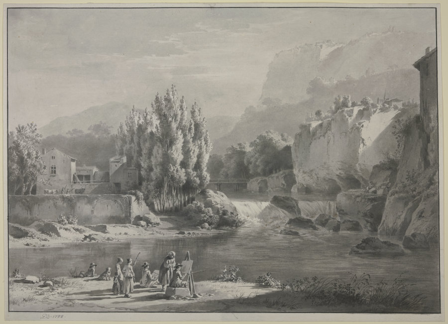 Flußlandschaft mit hohen Bergen, im Vordergrund zwei Maler mit Zuschauern de Jean Jacques de Boissieu