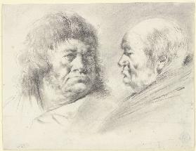 Zwei Köpfe alter Männer, en face und im Profil nach links