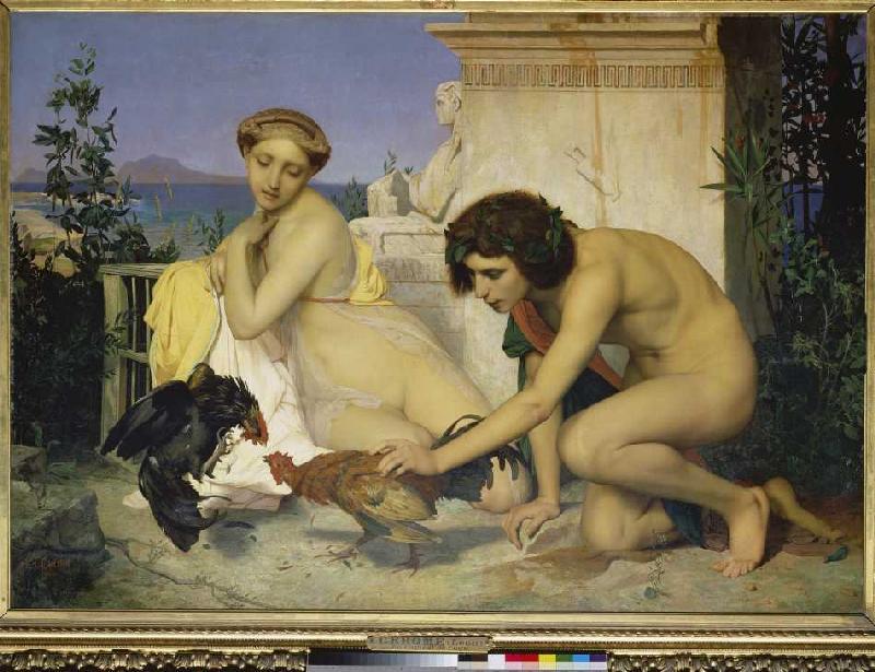 Young Greek couple and fighting roosters de Jean-Léon Gérome