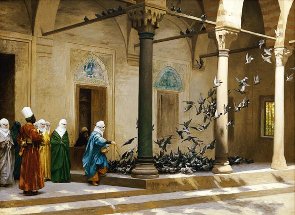 Harem Women Feeding Pigeons In A Courtyard de Jean-Léon Gérome