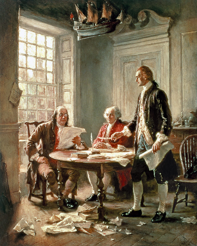 The Drafting of the Declaration of Independence in 1776: (LtoR) Benjamin Franklin (1706-90) de Jean Léon Gérôme Ferris