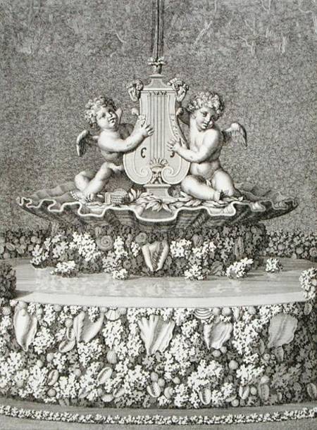 Two Cupids holding a lyre, a fountain at Versailles, 1677, from 'Les Plans, Profils et Elevations de de Jean Lepautre