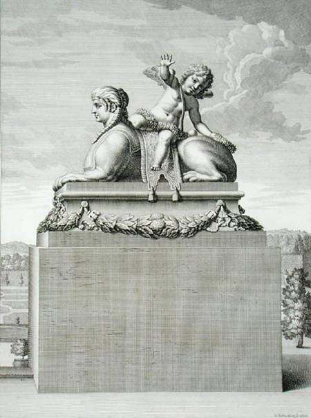 Figure of a sphinx in white marble, carrying a bronze Cupid, at Versailles, 1676, from 'Vues et Plan de Jean Lepautre