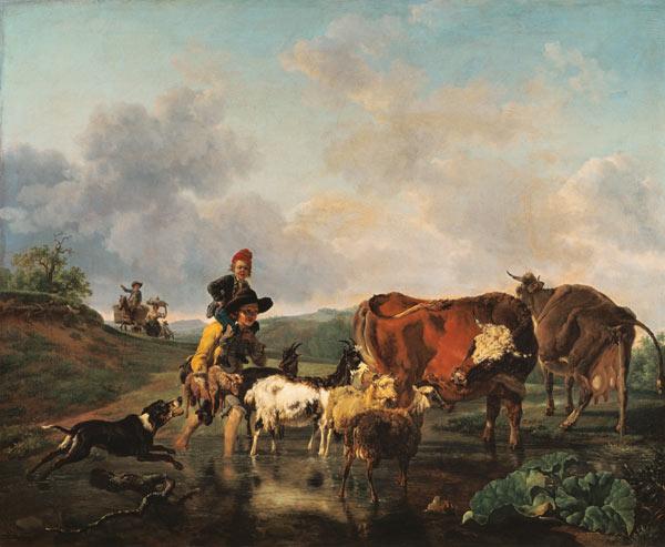 Smallholder with herd when passing through a river