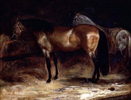 A Bay Horse at a manger, with a grey horse in a rug de Jean Louis Théodore Géricault