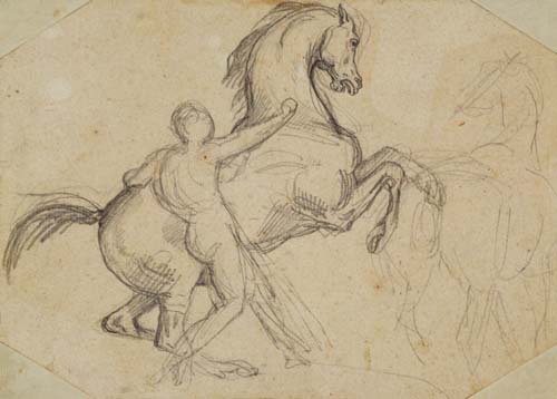 Rearing stallion held by a nude man (pencil) de Jean Louis Théodore Géricault