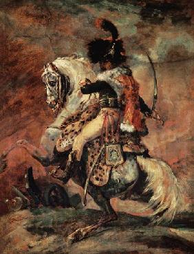Cavalry officer, riding on a dapple-grey horse.