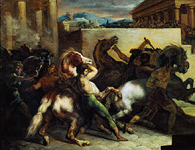 Wild horses at a running in Rome. de Jean Louis Théodore Géricault