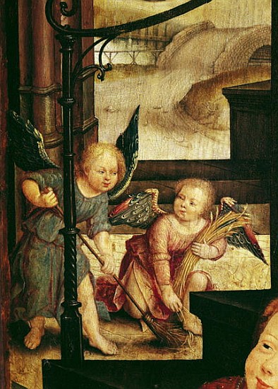 Triptych of the Adoration of the Child, detail of two angels sweeping from the right hand panel de Jean the Elder Bellegambe