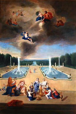 Groves of Versailles. View of the water parterre and the cabinets of animals, with priestesses prepa de Jean the Younger Cotelle