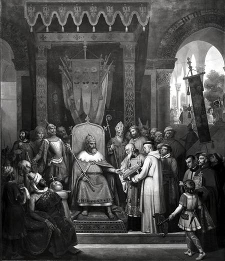 Emperor Charlemagne (747-814) Surrounded by his Principal Officers, Receiving Alcuin c.735-804) who de Jean Victor Schnetz