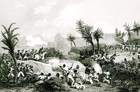 Black revolt in Santo Domingo, 16th September 1802, from ''Histoire Universelle du XIXe siecle'', af de Jean Francois Pourvoyeur