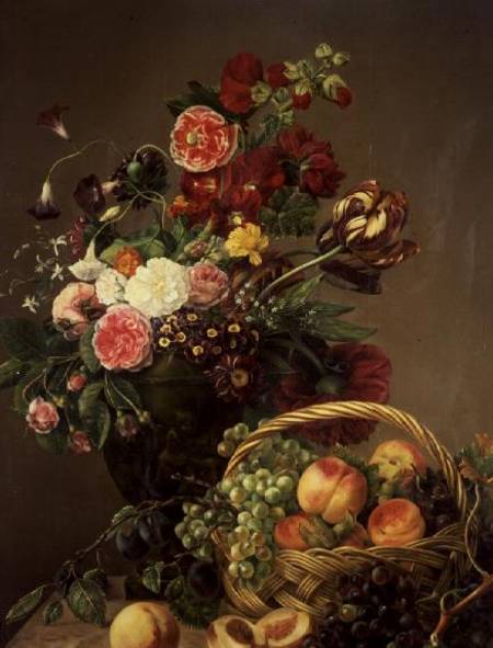 Still Life with Flowers and Fruits in a Basket de Jeanne Marie Josephine Hellemans