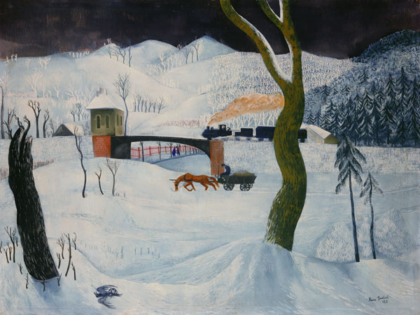 Winter landscape with waggon and train de Jenö Paiss-Goebel