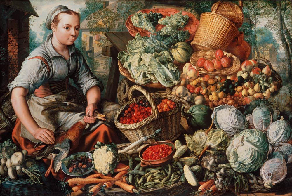 Naturaleza muerta de frutas y verduras con comerciante de Joachim Beuckelaer