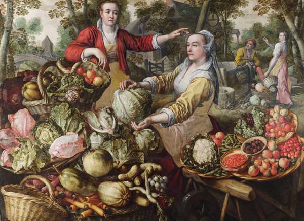 The Four Elements: Earth. A Fruit and Vegetable Market with the Flight into Egypt in the Background de Joachim Beuckelaer
