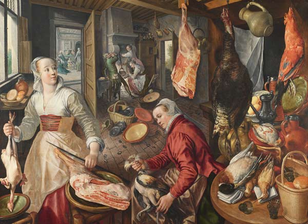 Los 4 elementos: Fuego. Escena en la cocina con Cristo en la casa de Marta y María.  de Joachim Beuckelaer