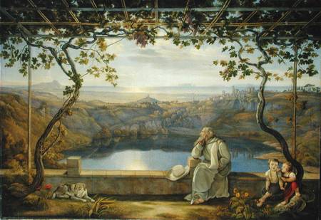 Monk sitting on a Terrace overlooking Lake Nemisee de Joachim Faber