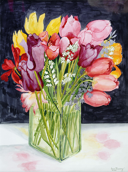 Tulips and Bluebells in a Rectangular Glass Tub de Joan  Thewsey