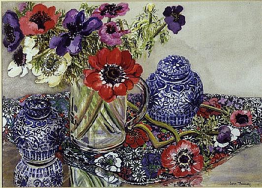 Anemones with Blue and White Pots (w/c)  de Joan  Thewsey