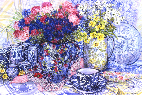 Cornflowers with Antique Jugs and Patterned Fabrics de Joan  Thewsey