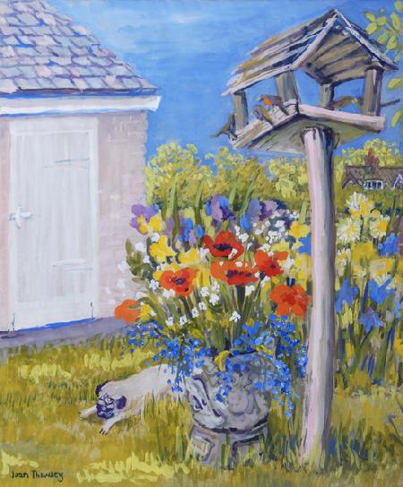 Cottage Garden with Birdhouse and Pug