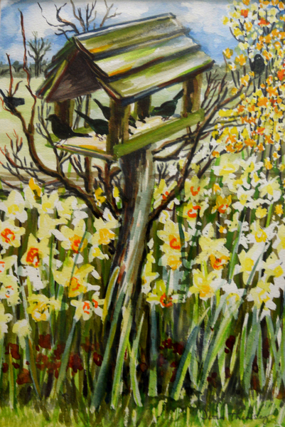 Daffodils, and Birds in the Birdhouse de Joan  Thewsey