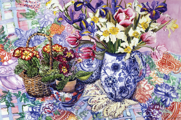 Daffodils, Tulips and Iris in a Jacobean Blue and White Jug with Sanderson Fabric and Primroses de Joan  Thewsey