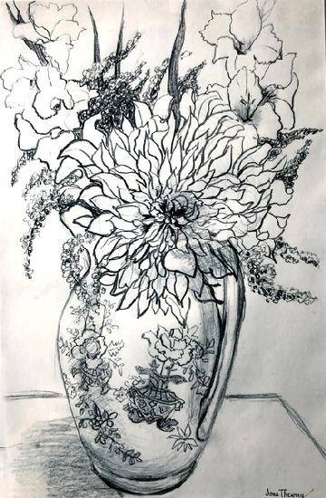 Dahlias and Gladioli in a Chinese Patterned Jug