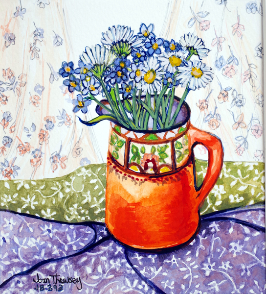 Daisies and Forget-Me-Nots Orange Jug and Patterned Fabric de Joan  Thewsey