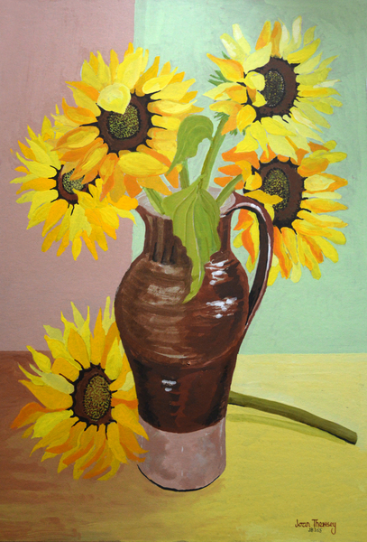 Five Sunflowers in a Tall Brown Jug de Joan  Thewsey