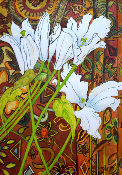 Lilies against a Patterned Fabric de Joan  Thewsey