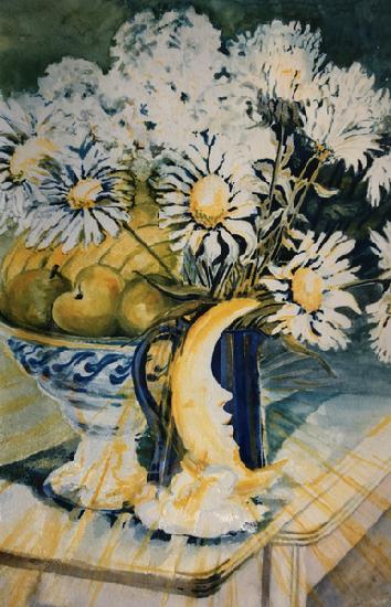 Marguerites in a Blue Jug with a Moon Lamp
