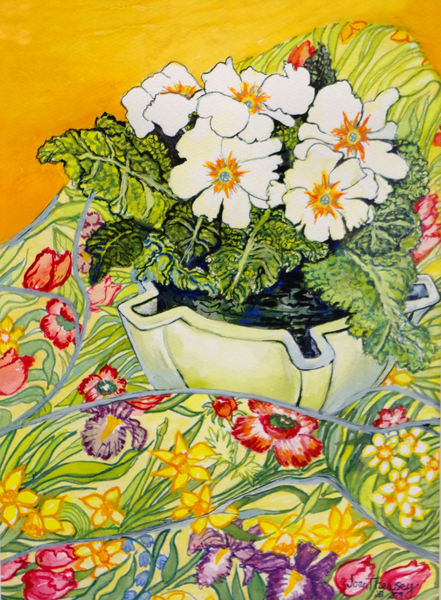 Pale Primrose in a Pot with Spring-flowered Textile de Joan  Thewsey