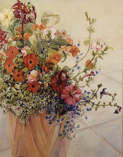 Petunias, Lobelias, Busy Lizzies and Fuschia in a Terracotta Pot (w/c)  de Joan  Thewsey