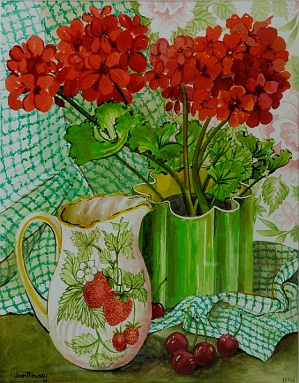 Red geranium with the strawberry jug and cherries de Joan  Thewsey
