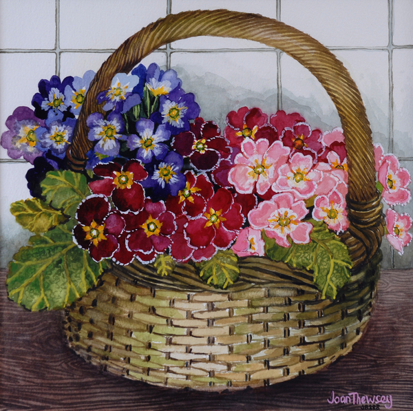 Red Mauve and Pink Primroses in a Basket de Joan  Thewsey