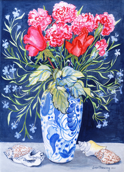 Roses, Carnations and Lobelia in a Blue and White Vase,3 Shells Textiles de Joan  Thewsey