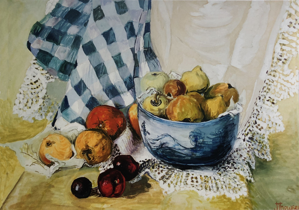 Still life with a Blue Bowl, Apples, Pears, Textiles and Lace de Joan  Thewsey