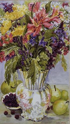 Blackberries and Apples with a Jug of Mixed Flowers (w/c) 