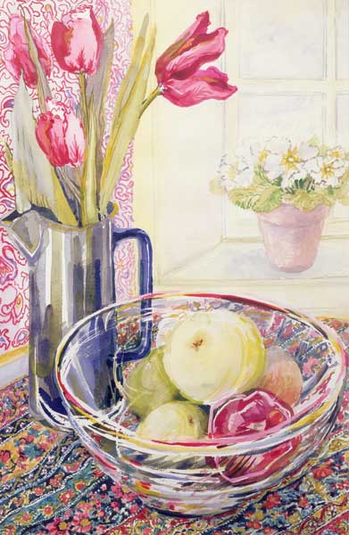 Tulips with Fruit in a Glass Bowl (w/c)  de Joan  Thewsey